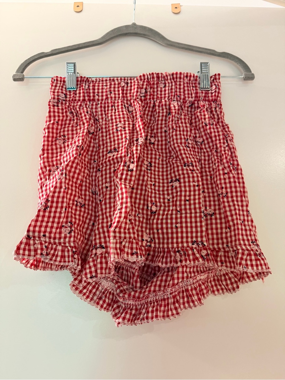 Cider Red Gingham High-Waist Ruffle Shorts